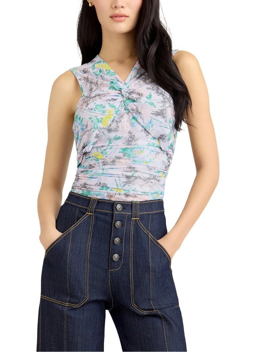 Cinq à Sept Aniya Floral Mesh Ruched Top SZ Small